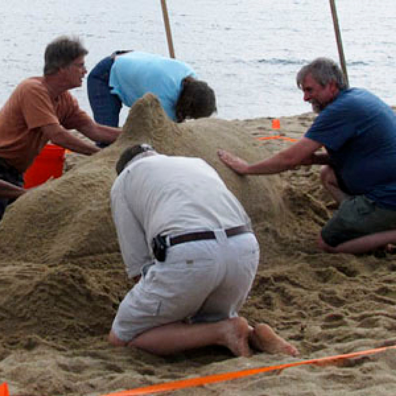 people building a sand sculpture