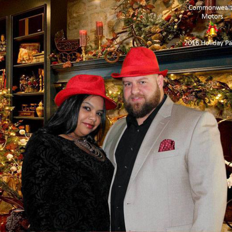man and woman at Christmas party